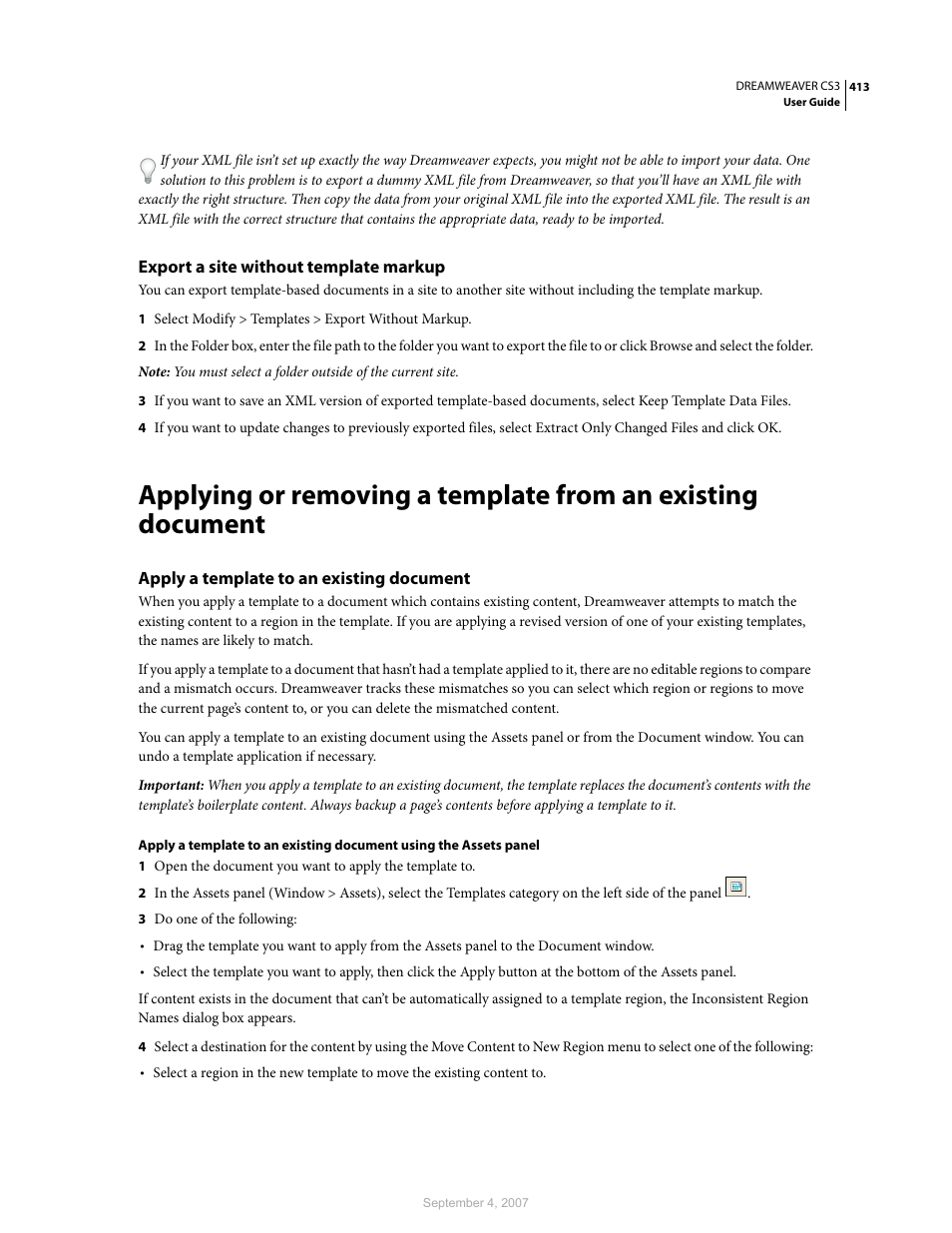 Export a site without template markup, Apply a template to an existing document | Adobe Dreamweaver CS3 User Manual | Page 420 / 738