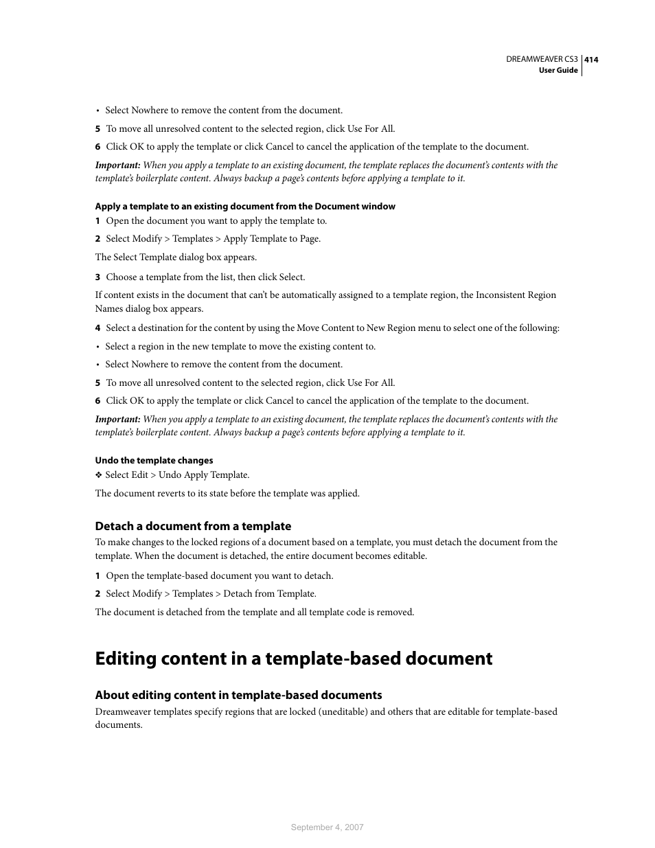 Detach a document from a template, Editing content in a template-based document, About editing content in template-based documents | Adobe Dreamweaver CS3 User Manual | Page 421 / 738