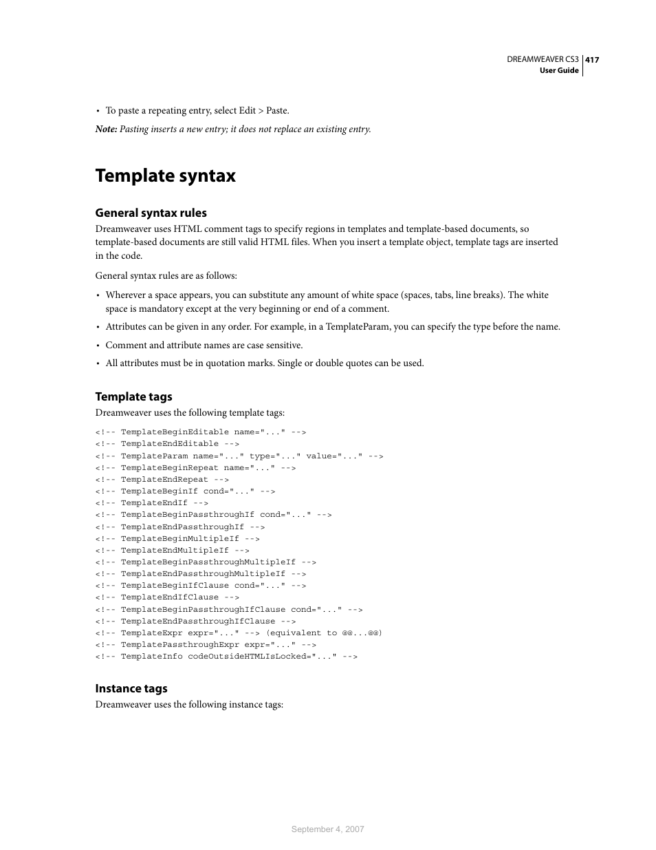 Template syntax, General syntax rules, Template tags | Instance tags | Adobe Dreamweaver CS3 User Manual | Page 424 / 738