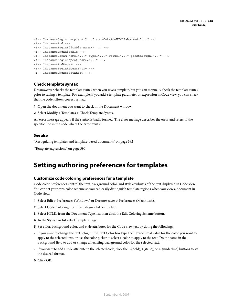 Check template syntax, Setting authoring preferences for templates, Customize code coloring preferences for a template | Adobe Dreamweaver CS3 User Manual | Page 425 / 738