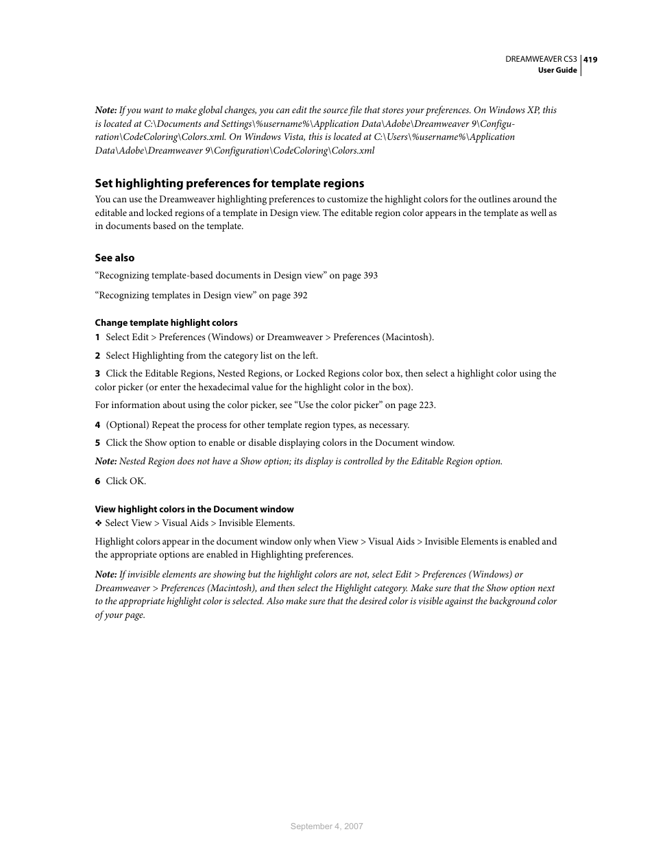 Set highlighting preferences for template regions | Adobe Dreamweaver CS3 User Manual | Page 426 / 738