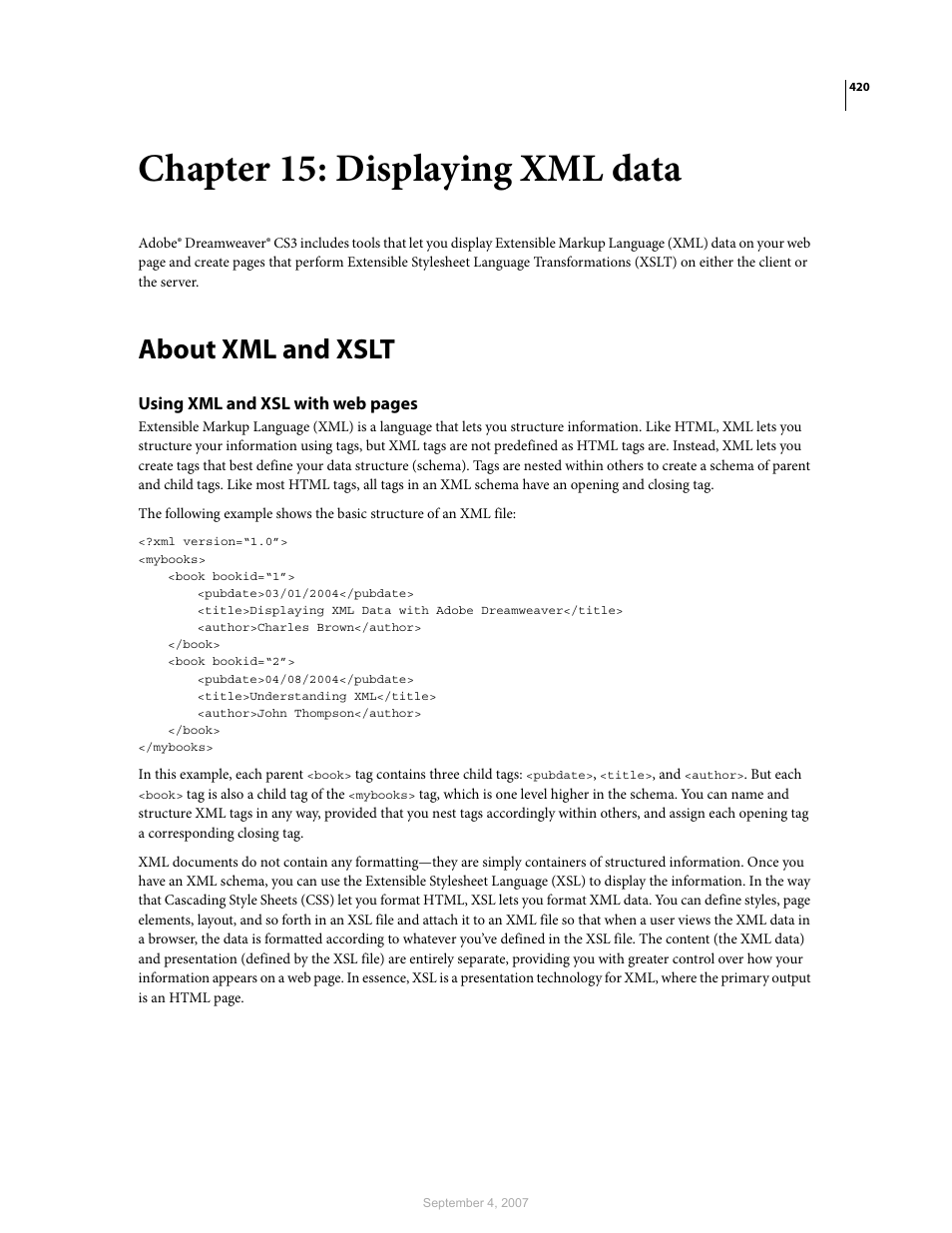 Chapter 15: displaying xml data, About xml and xslt | Adobe Dreamweaver CS3 User Manual | Page 427 / 738