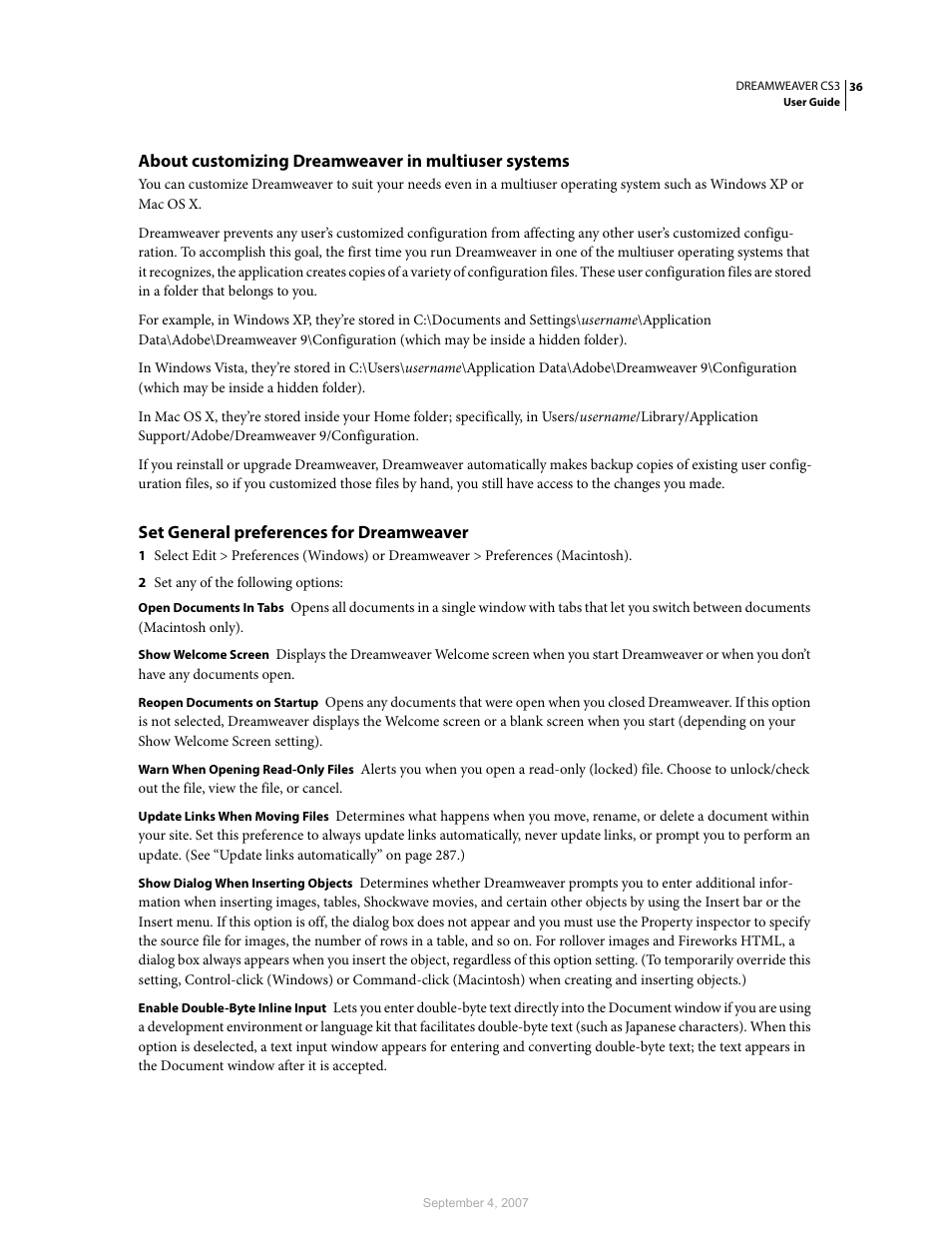 About customizing dreamweaver in multiuser systems, Set general preferences for dreamweaver | Adobe Dreamweaver CS3 User Manual | Page 43 / 738