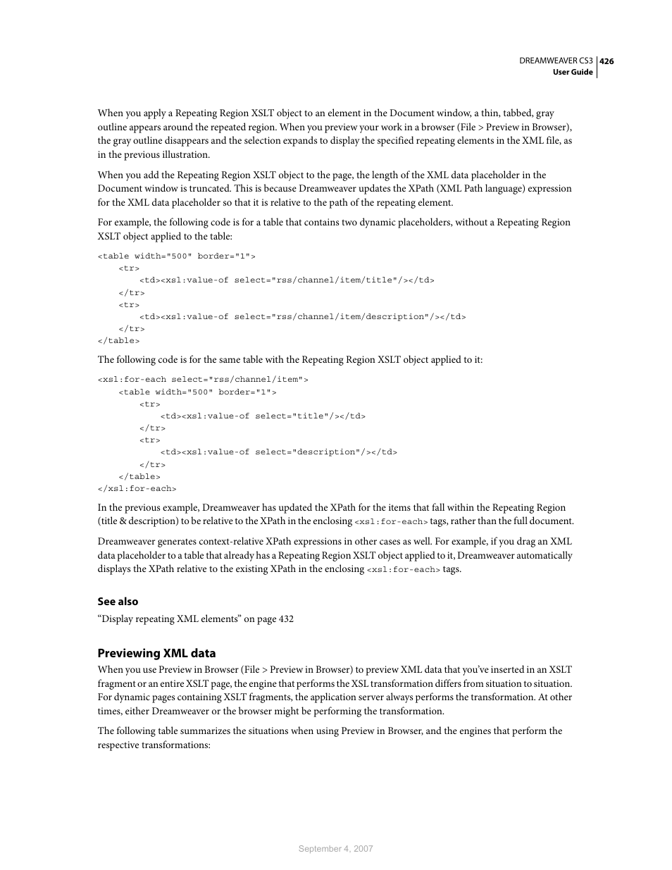 Previewing xml data | Adobe Dreamweaver CS3 User Manual | Page 433 / 738