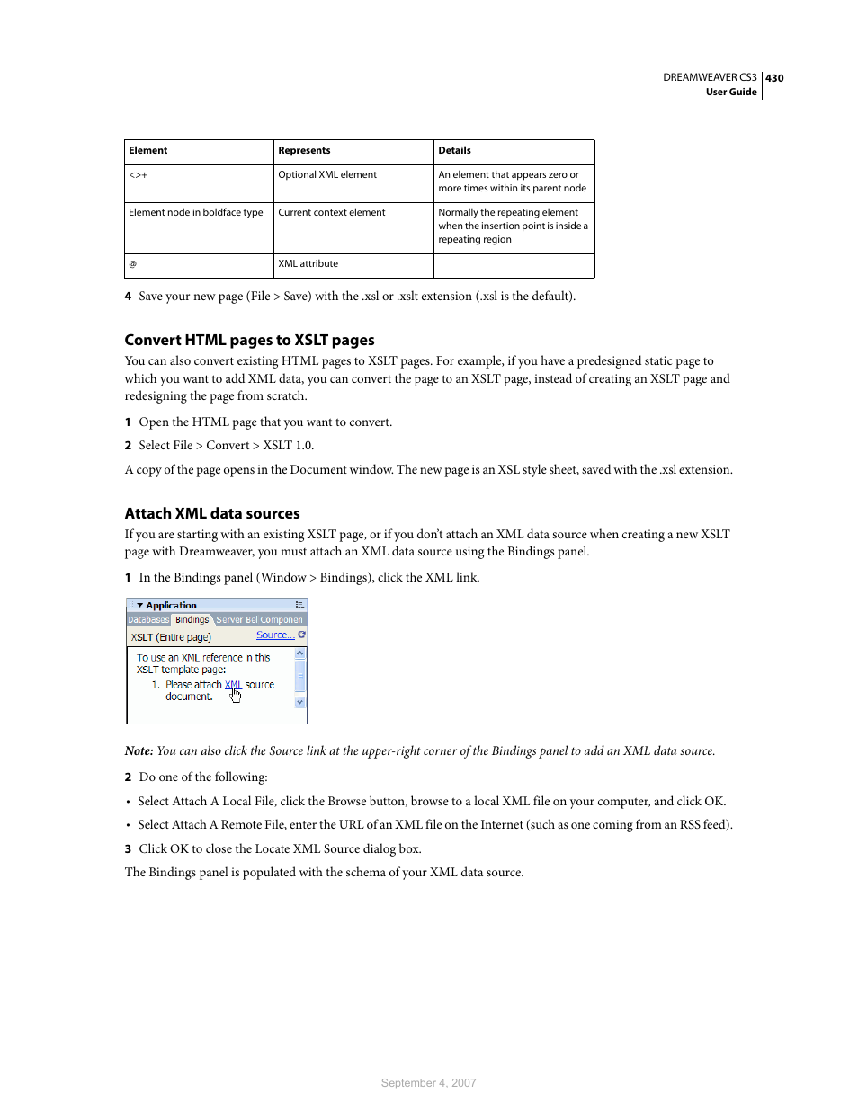 Attach xml data sources, Convert html pages to xslt pages | Adobe Dreamweaver CS3 User Manual | Page 437 / 738