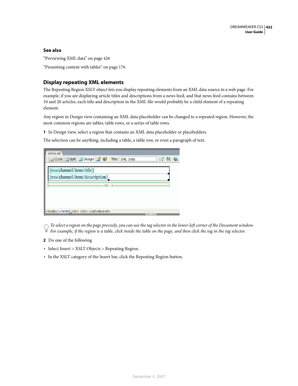 Display repeating xml elements | Adobe Dreamweaver CS3 User Manual | Page 439 / 738