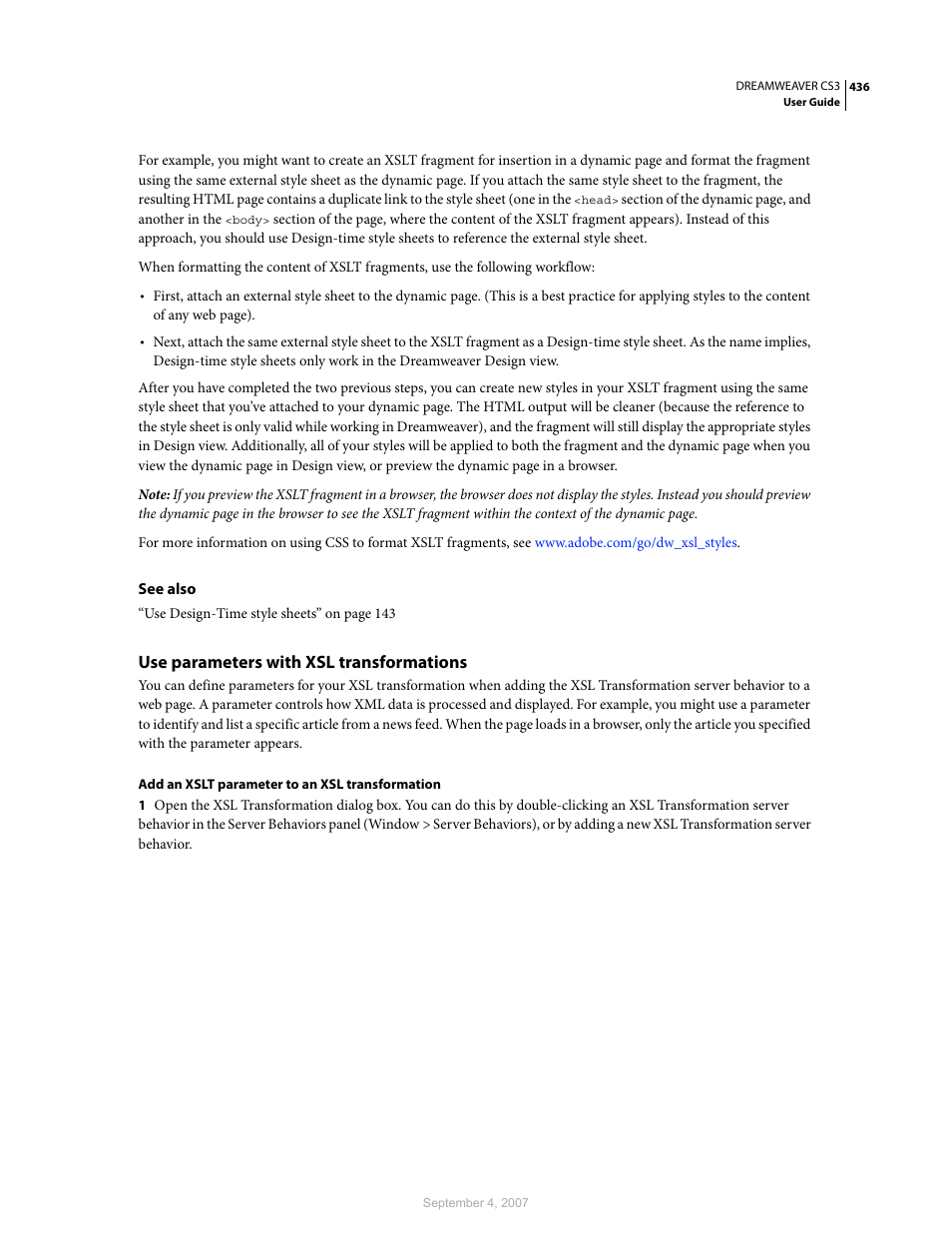 Use parameters with xsl transformations | Adobe Dreamweaver CS3 User Manual | Page 443 / 738