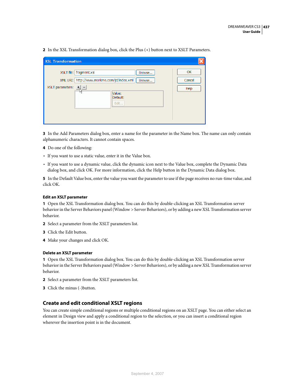 Create and edit conditional xslt regions | Adobe Dreamweaver CS3 User Manual | Page 444 / 738