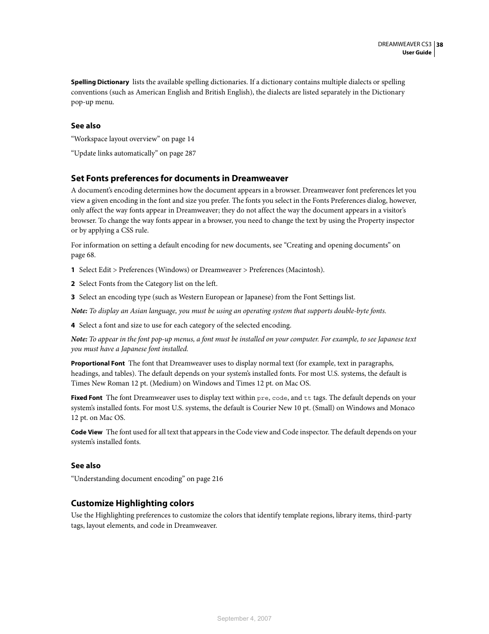 Set fonts preferences for documents in dreamweaver, Customize highlighting colors | Adobe Dreamweaver CS3 User Manual | Page 45 / 738