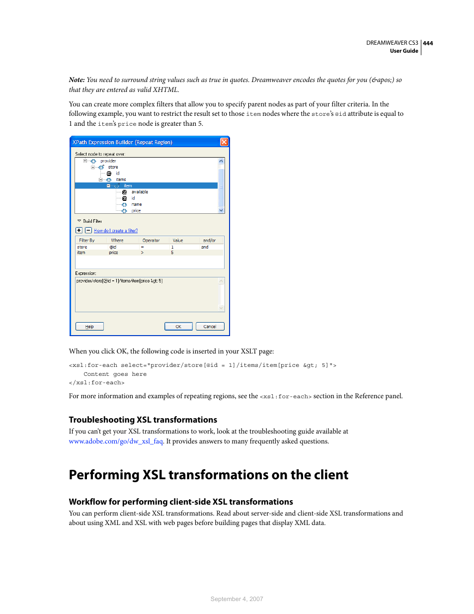 Troubleshooting xsl transformations, Performing xsl transformations on the client | Adobe Dreamweaver CS3 User Manual | Page 451 / 738