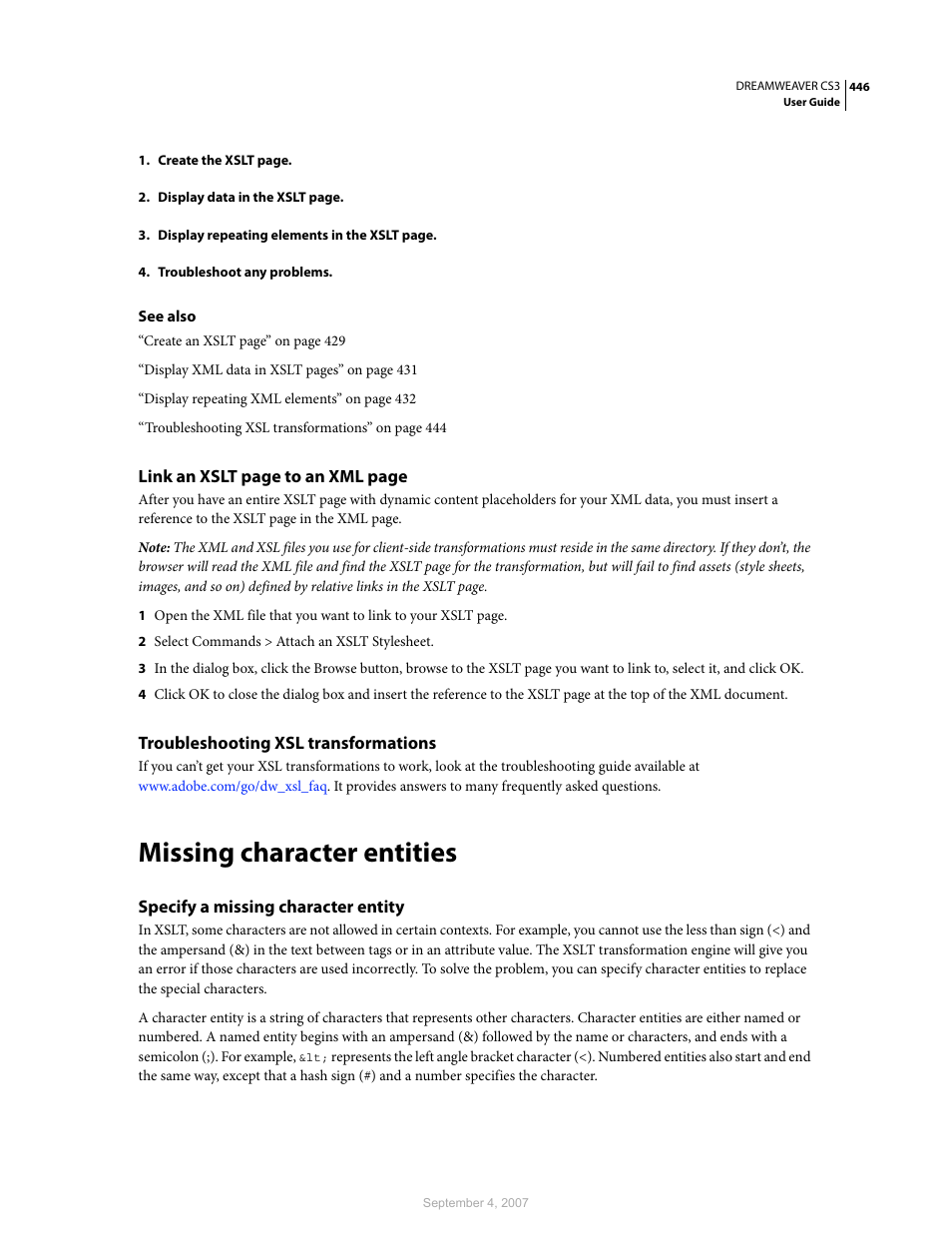 Troubleshooting xsl transformations, Missing character entities, Specify a missing character entity | Adobe Dreamweaver CS3 User Manual | Page 453 / 738