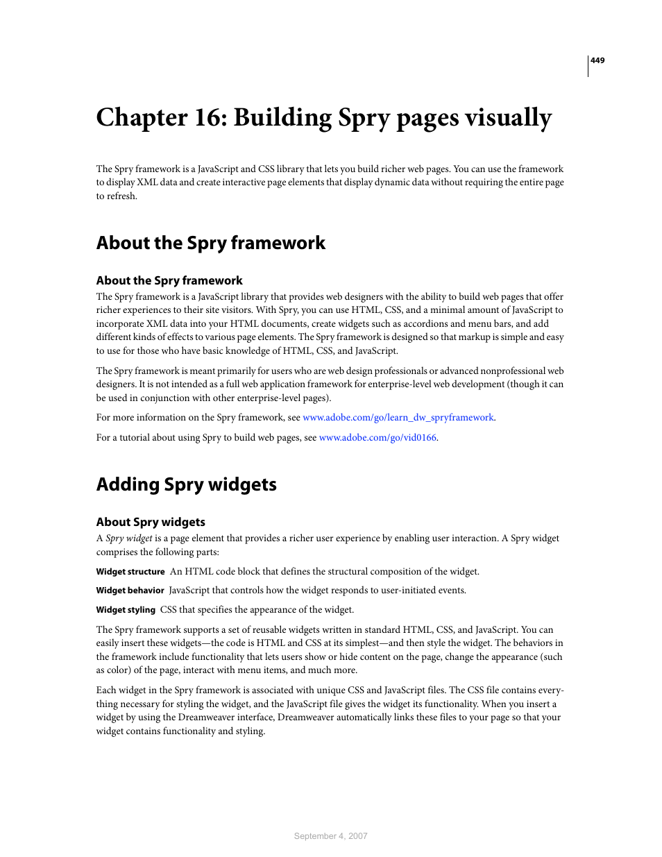 About the spry framework, Adding spry widgets, About spry widgets | Chapter 16: building spry pages visually | Adobe Dreamweaver CS3 User Manual | Page 456 / 738