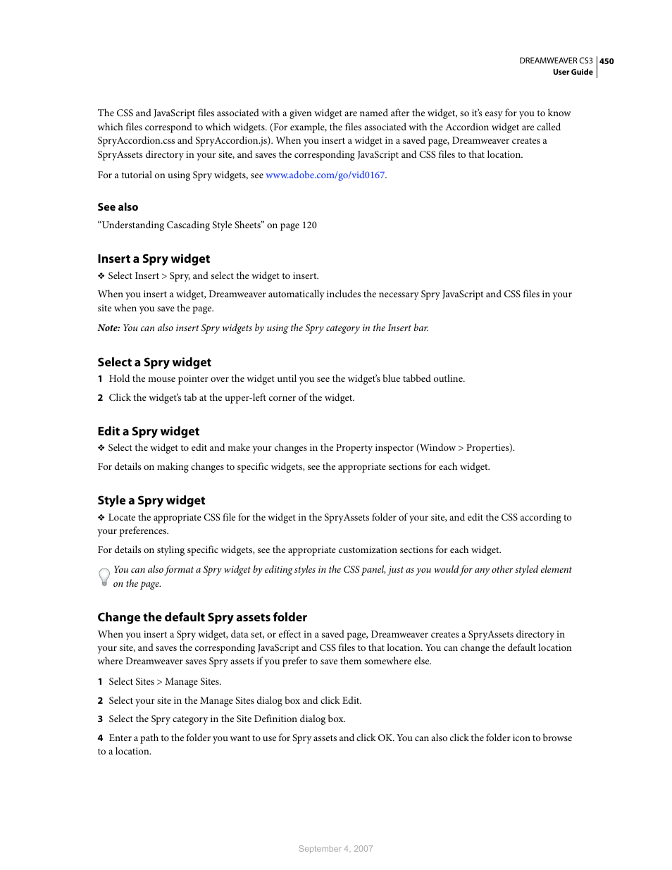 Insert a spry widget, Select a spry widget, Edit a spry widget | Style a spry widget, Change the default spry assets folder | Adobe Dreamweaver CS3 User Manual | Page 457 / 738