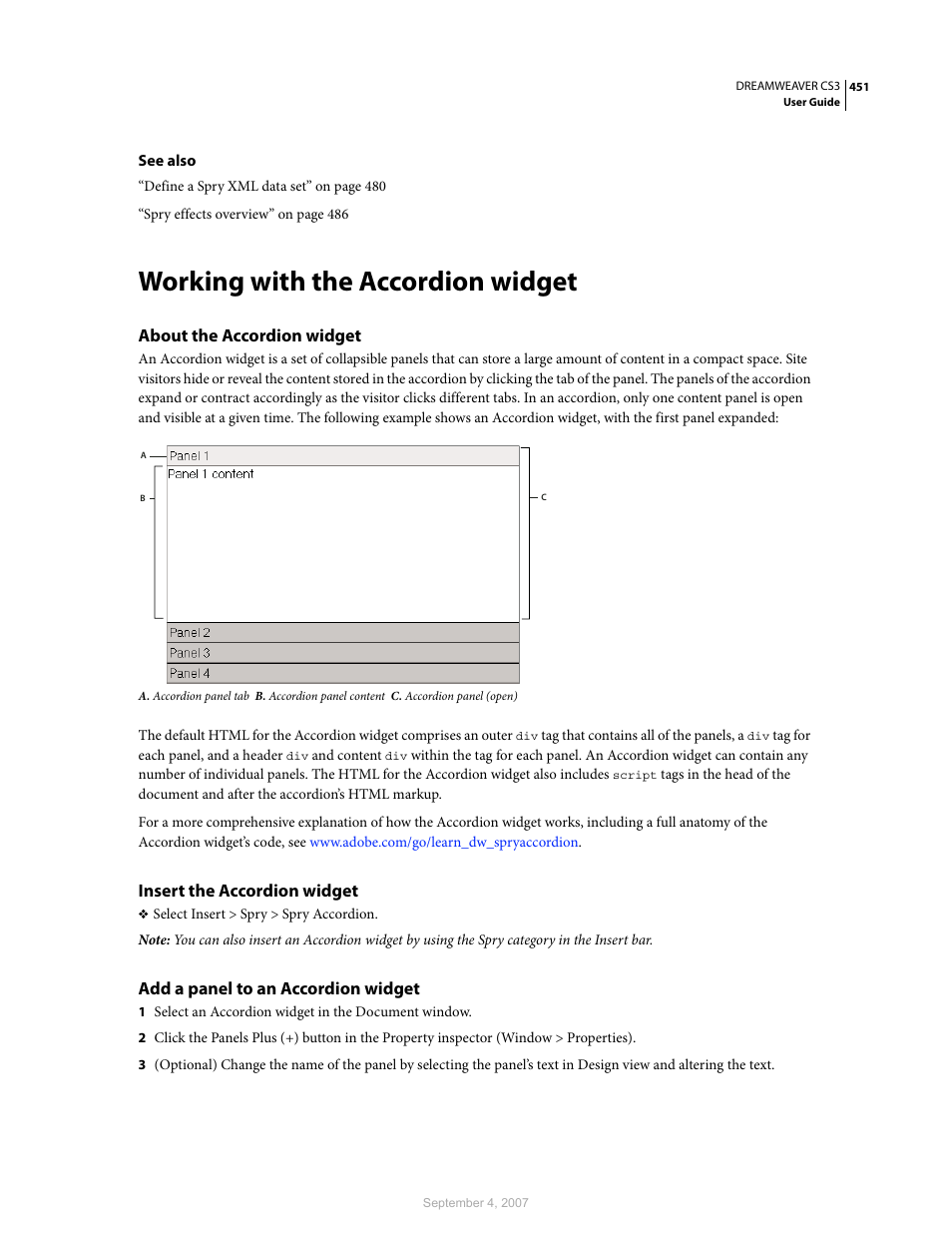 Working with the accordion widget, About the accordion widget, Insert the accordion widget | Add a panel to an accordion widget | Adobe Dreamweaver CS3 User Manual | Page 458 / 738