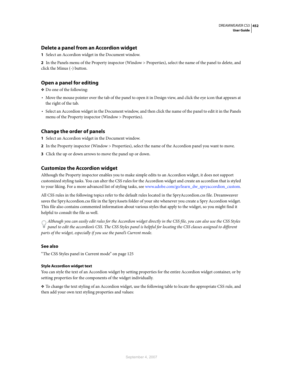 Delete a panel from an accordion widget, Open a panel for editing, Change the order of panels | Customize the accordion widget | Adobe Dreamweaver CS3 User Manual | Page 459 / 738