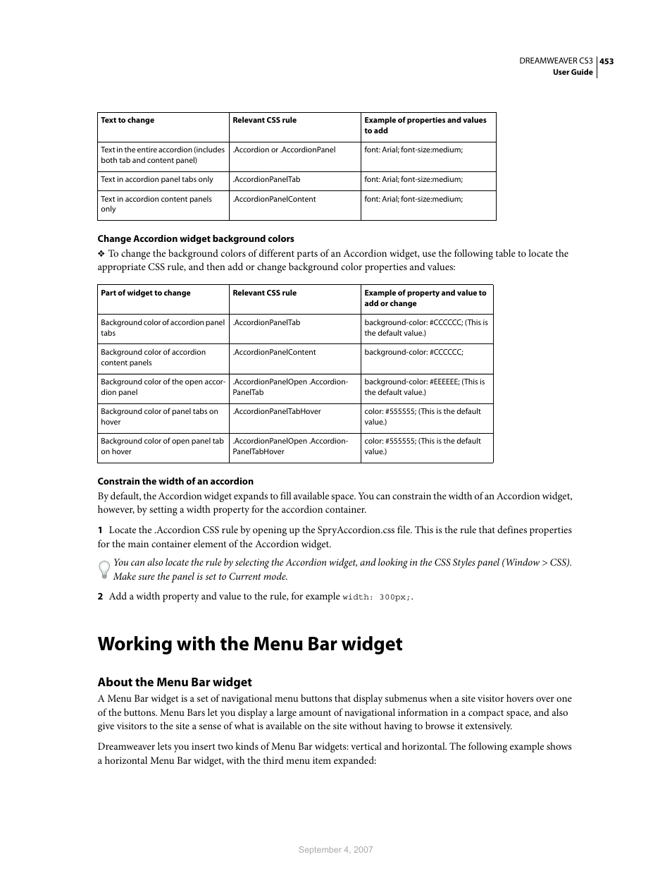 Working with the menu bar widget, About the menu bar widget | Adobe Dreamweaver CS3 User Manual | Page 460 / 738