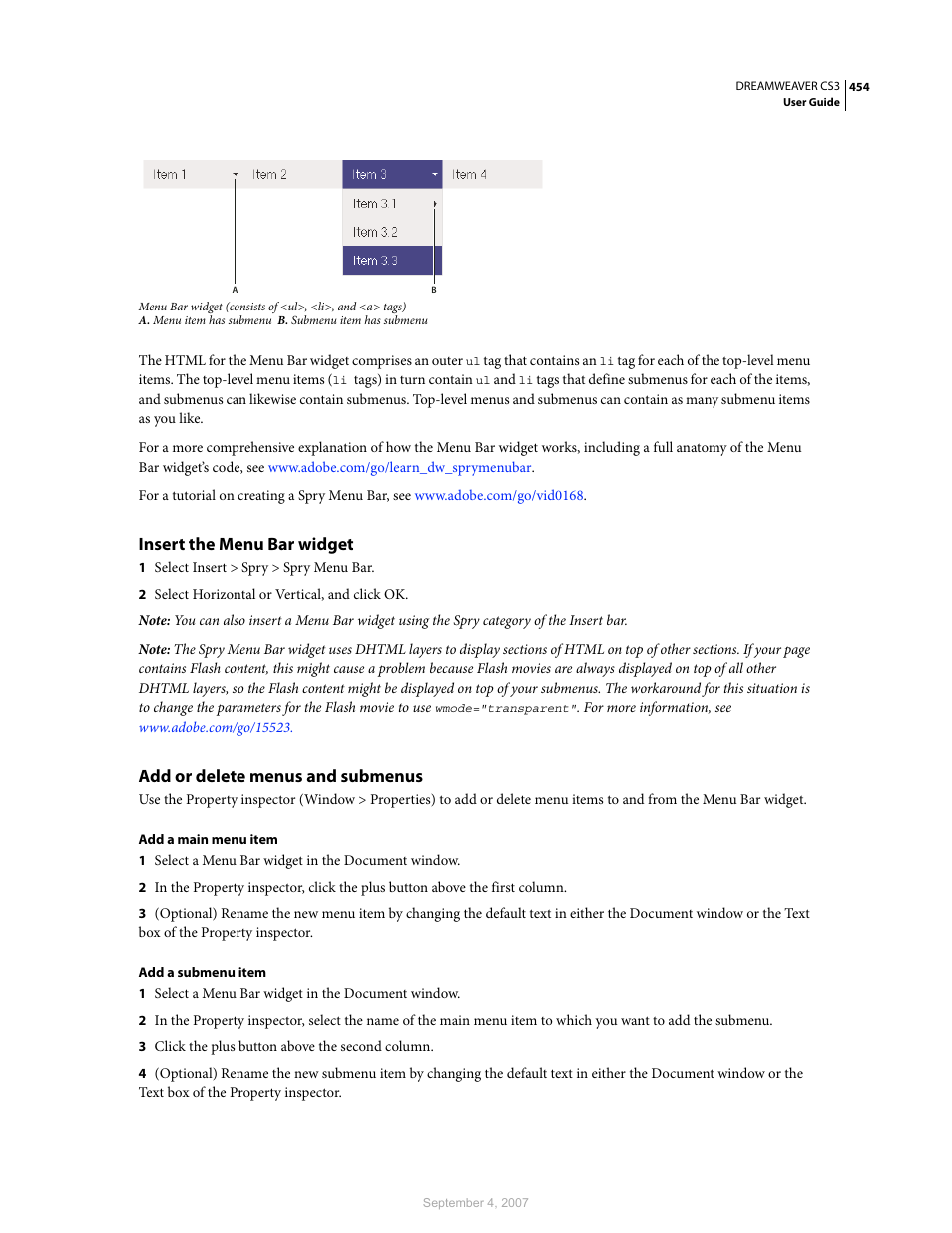 Insert the menu bar widget, Add or delete menus and submenus | Adobe Dreamweaver CS3 User Manual | Page 461 / 738