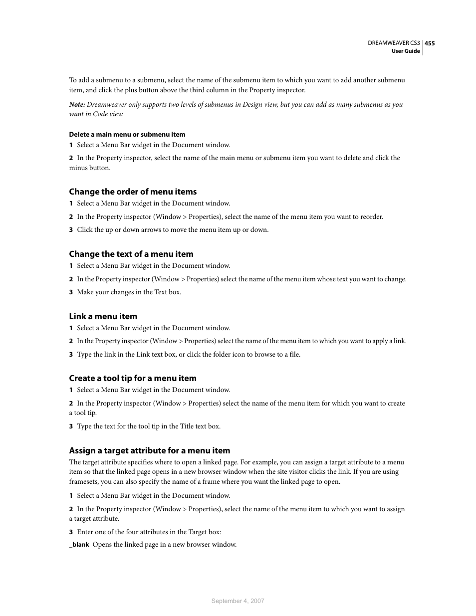 Change the order of menu items, Change the text of a menu item, Link a menu item | Create a tool tip for a menu item, Assign a target attribute for a menu item | Adobe Dreamweaver CS3 User Manual | Page 462 / 738