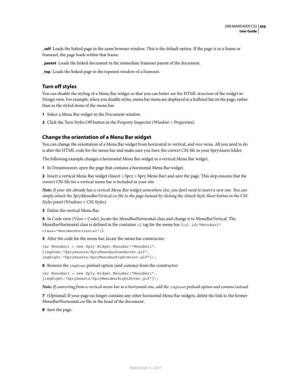 Turn off styles, Change the orientation of a menu bar widget | Adobe Dreamweaver CS3 User Manual | Page 463 / 738