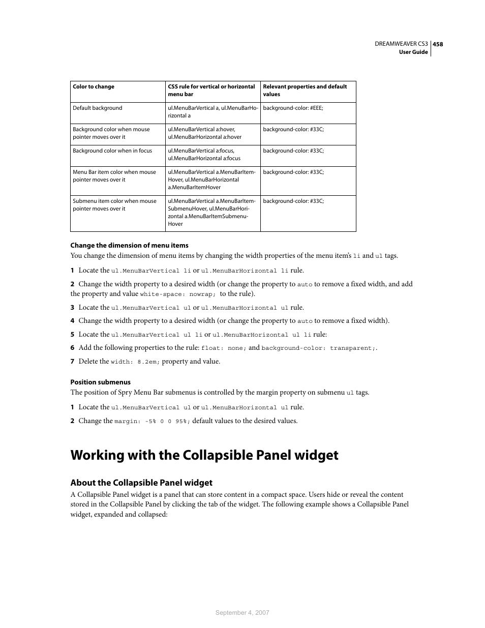Working with the collapsible panel widget, About the collapsible panel widget | Adobe Dreamweaver CS3 User Manual | Page 465 / 738