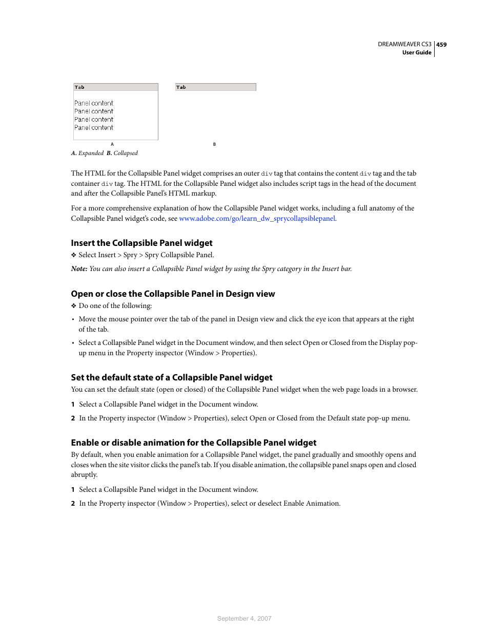 Insert the collapsible panel widget, Open or close the collapsible panel in design view | Adobe Dreamweaver CS3 User Manual | Page 466 / 738