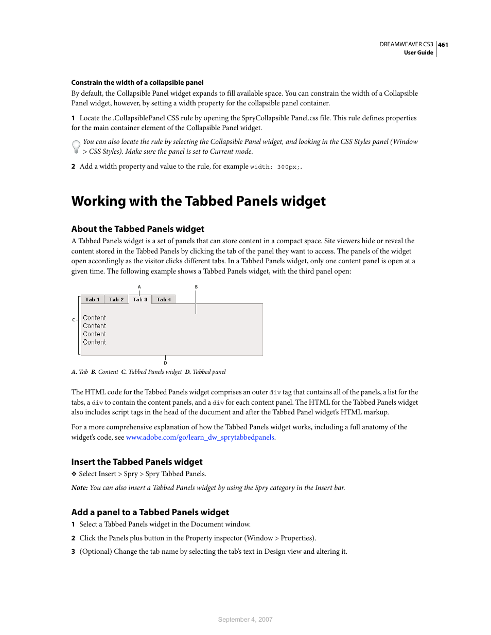 Working with the tabbed panels widget, About the tabbed panels widget, Insert the tabbed panels widget | Add a panel to a tabbed panels widget | Adobe Dreamweaver CS3 User Manual | Page 468 / 738
