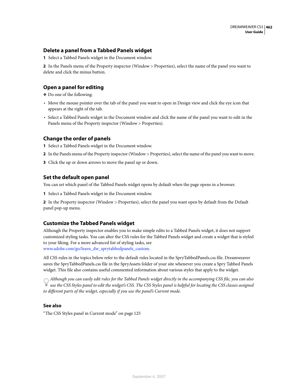 Delete a panel from a tabbed panels widget, Open a panel for editing, Change the order of panels | Set the default open panel, Customize the tabbed panels widget | Adobe Dreamweaver CS3 User Manual | Page 469 / 738