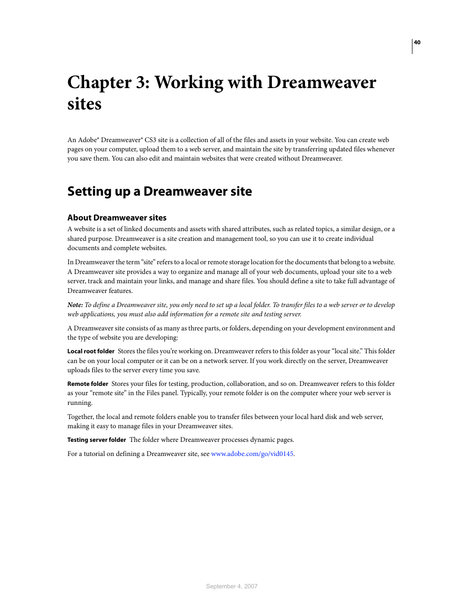 Chapter 3: working with dreamweaver sites, Setting up a dreamweaver site, About dreamweaver sites | Adobe Dreamweaver CS3 User Manual | Page 47 / 738