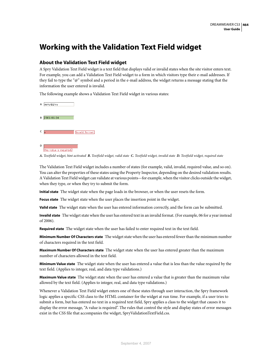 Working with the validation text field widget, About the validation text field widget | Adobe Dreamweaver CS3 User Manual | Page 471 / 738