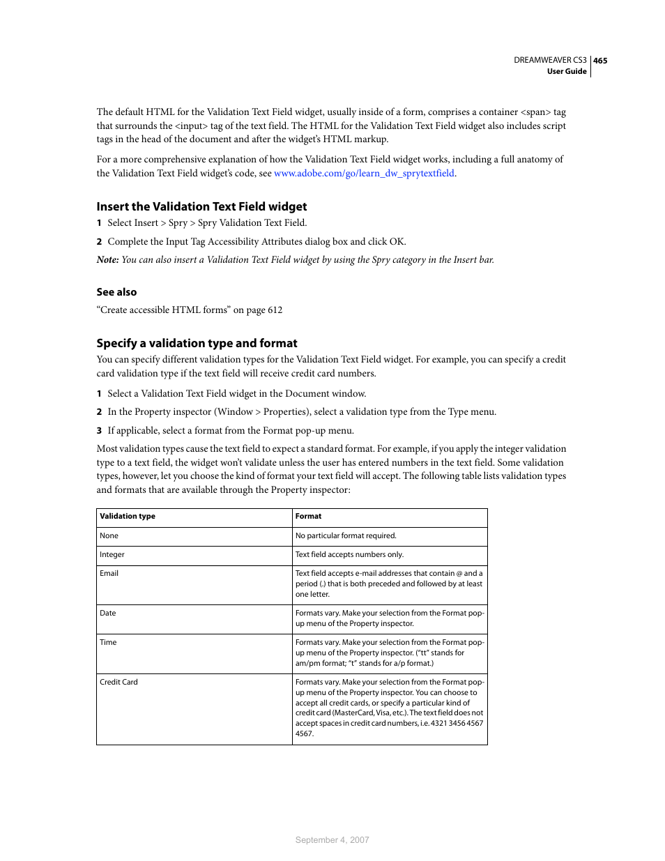 Insert the validation text field widget, Specify a validation type and format | Adobe Dreamweaver CS3 User Manual | Page 472 / 738