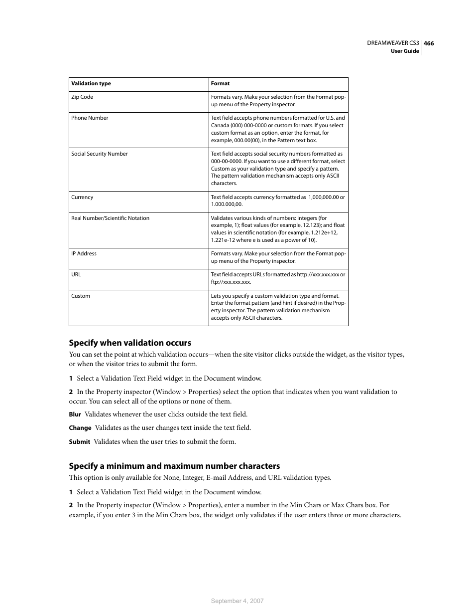 Specify when validation occurs, Specify a minimum and maximum number characters | Adobe Dreamweaver CS3 User Manual | Page 473 / 738