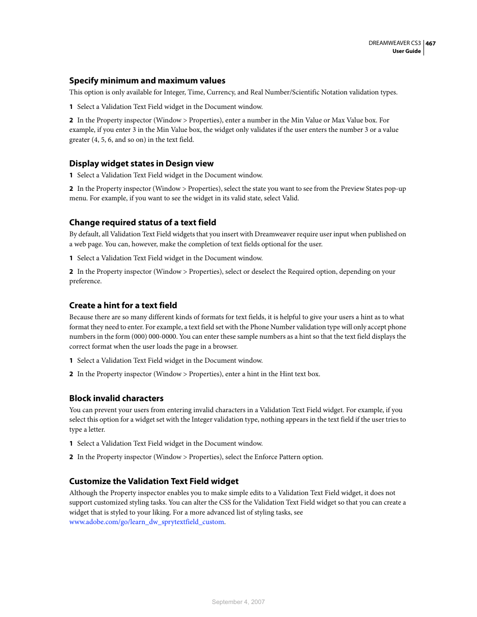 Specify minimum and maximum values, Display widget states in design view, Change required status of a text field | Create a hint for a text field, Block invalid characters, Customize the validation text field widget | Adobe Dreamweaver CS3 User Manual | Page 474 / 738