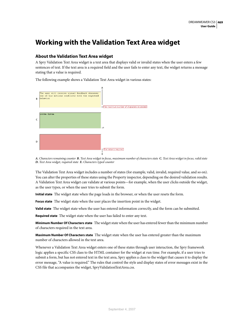 Working with the validation text area widget, About the validation text area widget | Adobe Dreamweaver CS3 User Manual | Page 476 / 738