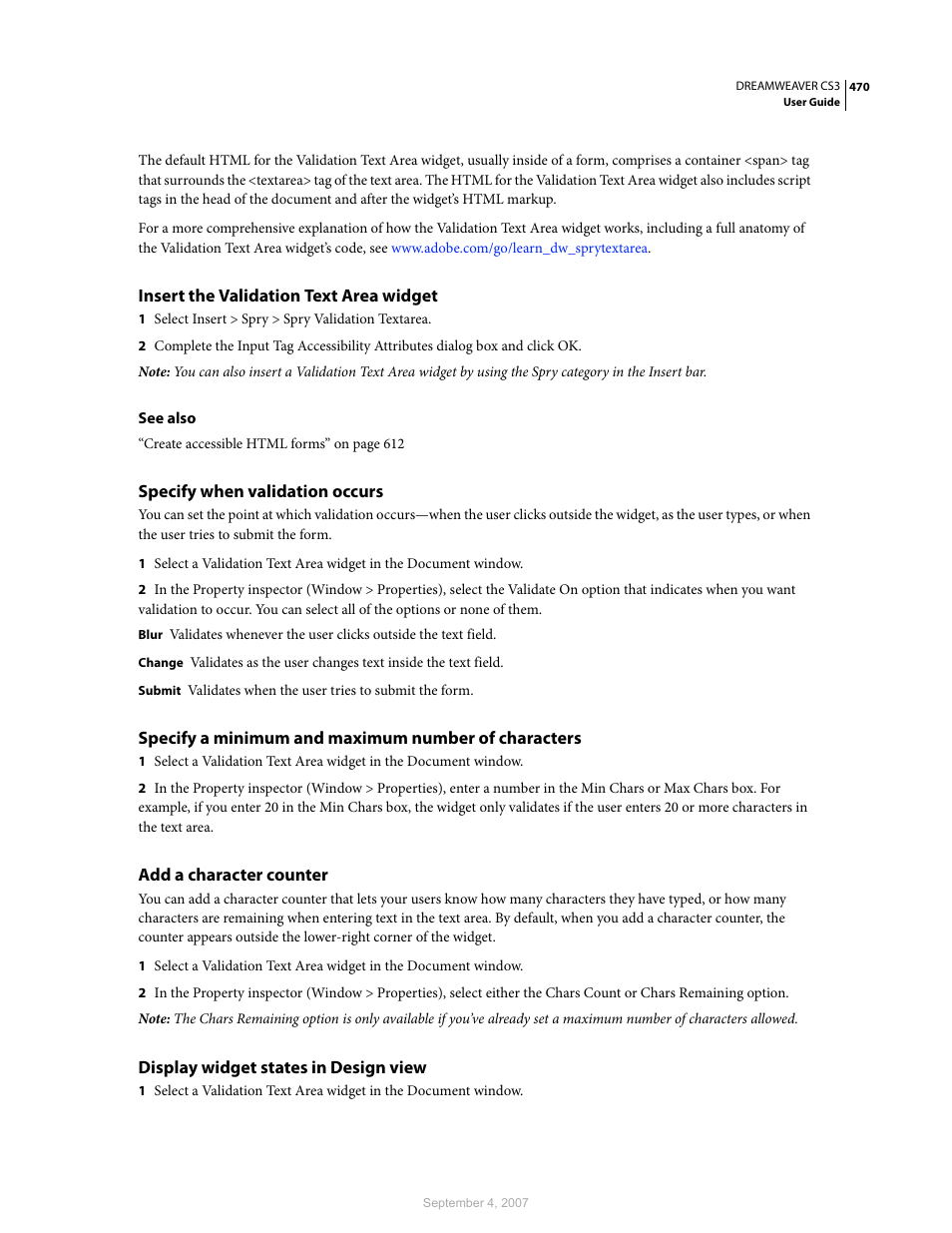 Insert the validation text area widget, Specify when validation occurs, Specify a minimum and maximum number of characters | Add a character counter, Display widget states in design view | Adobe Dreamweaver CS3 User Manual | Page 477 / 738