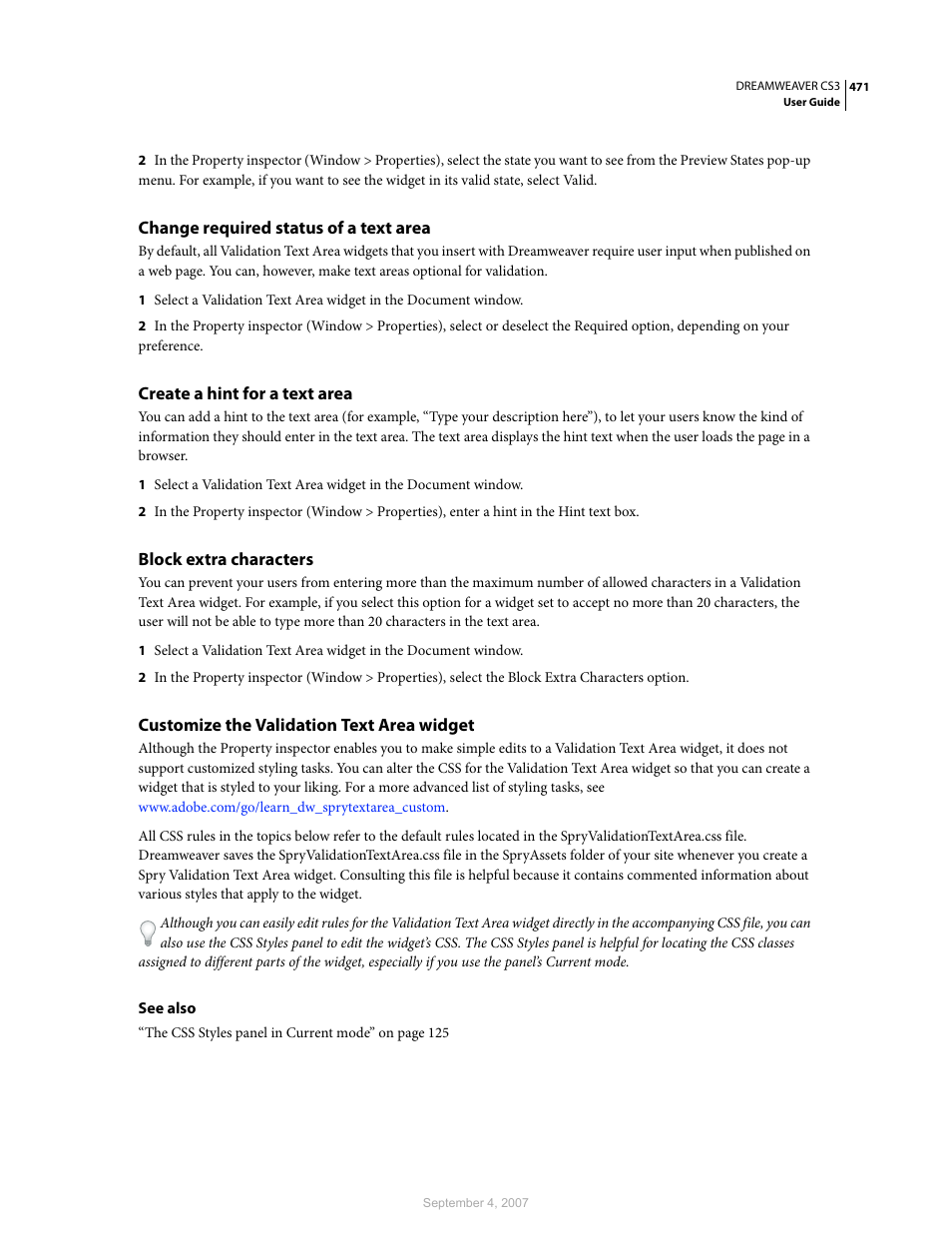 Change required status of a text area, Create a hint for a text area, Block extra characters | Customize the validation text area widget | Adobe Dreamweaver CS3 User Manual | Page 478 / 738