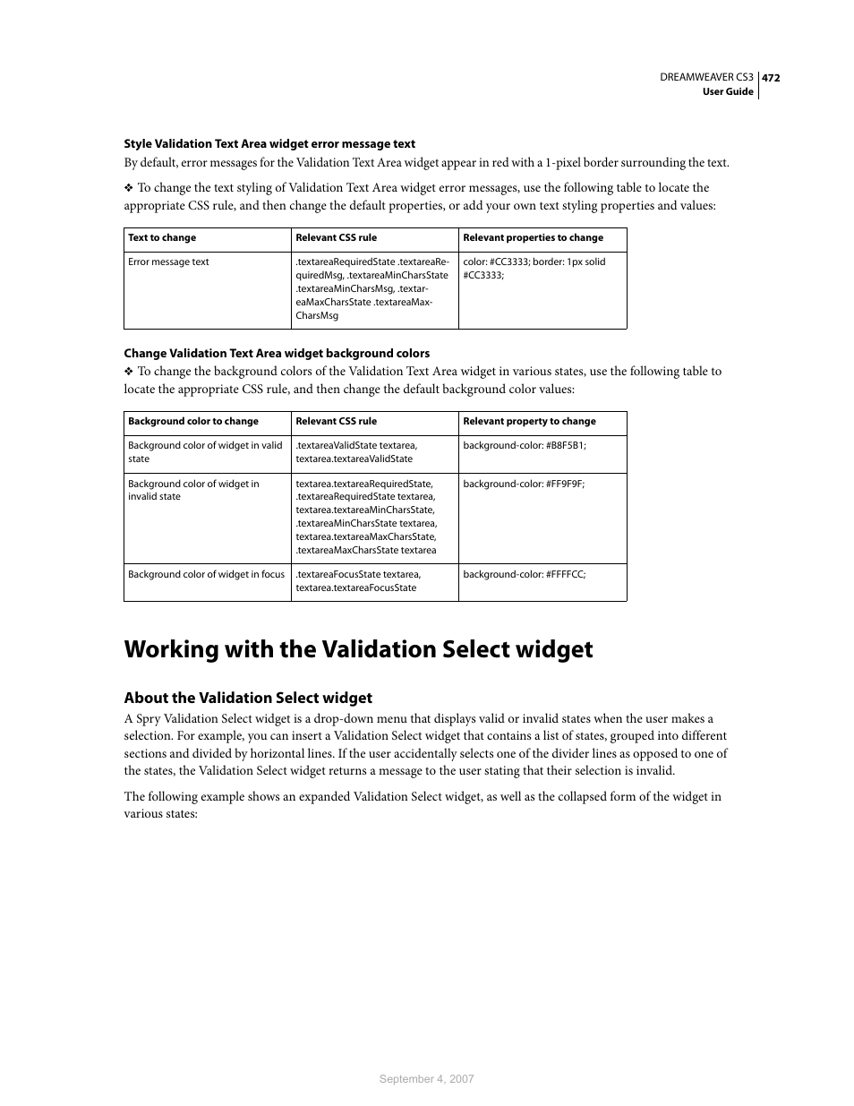 Working with the validation select widget, About the validation select widget | Adobe Dreamweaver CS3 User Manual | Page 479 / 738