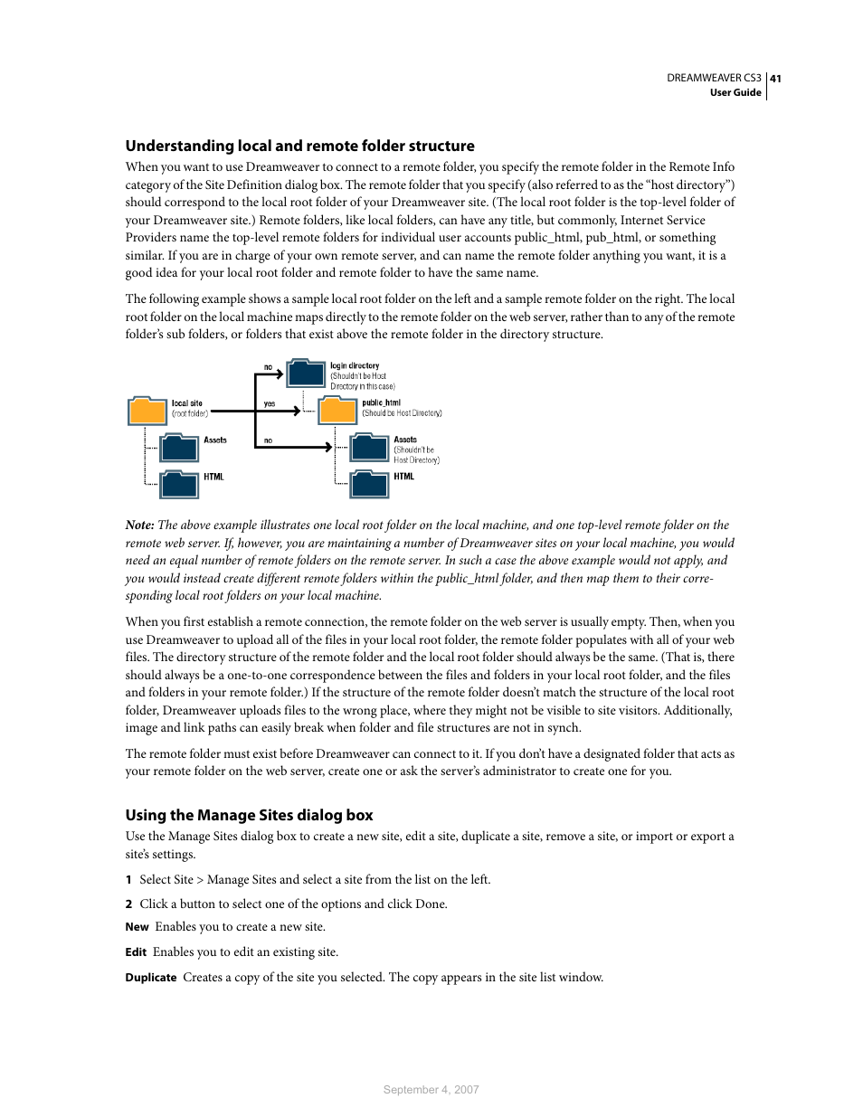 Understanding local and remote folder structure, Using the manage sites dialog box | Adobe Dreamweaver CS3 User Manual | Page 48 / 738