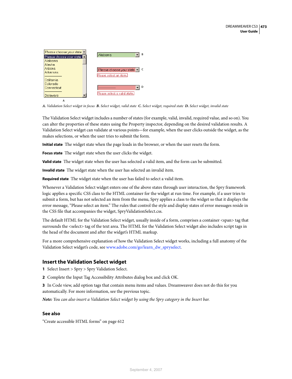 Insert the validation select widget | Adobe Dreamweaver CS3 User Manual | Page 480 / 738