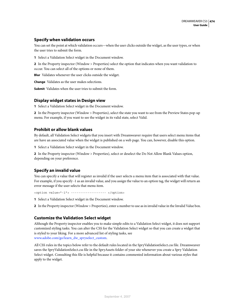 Specify when validation occurs, Display widget states in design view, Prohibit or allow blank values | Specify an invalid value, Customize the validation select widget | Adobe Dreamweaver CS3 User Manual | Page 481 / 738