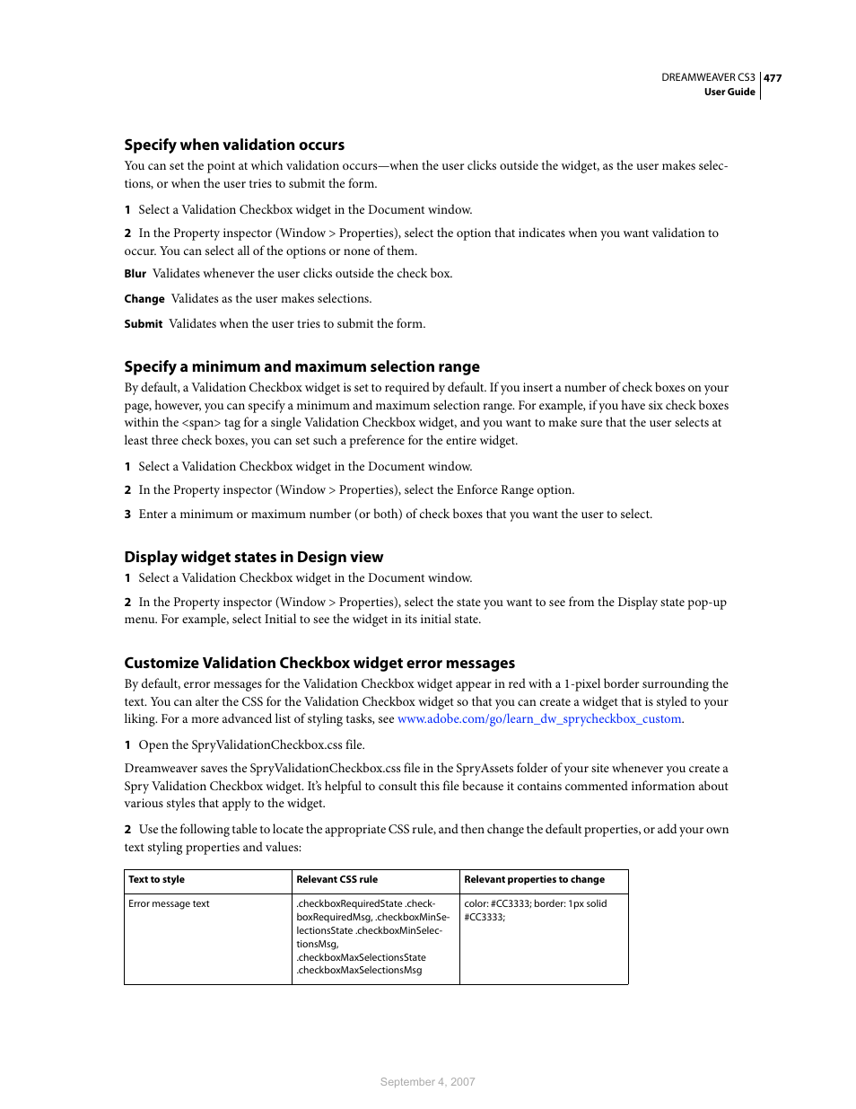 Specify when validation occurs, Specify a minimum and maximum selection range, Display widget states in design view | Adobe Dreamweaver CS3 User Manual | Page 484 / 738