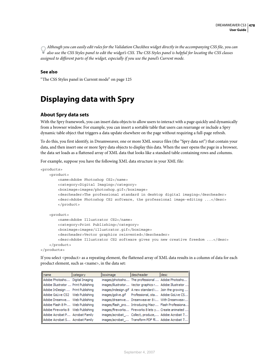 Displaying data with spry, About spry data sets | Adobe Dreamweaver CS3 User Manual | Page 485 / 738