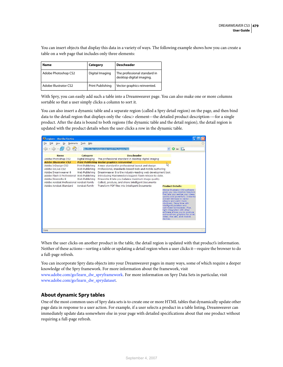 About dynamic spry tables | Adobe Dreamweaver CS3 User Manual | Page 486 / 738