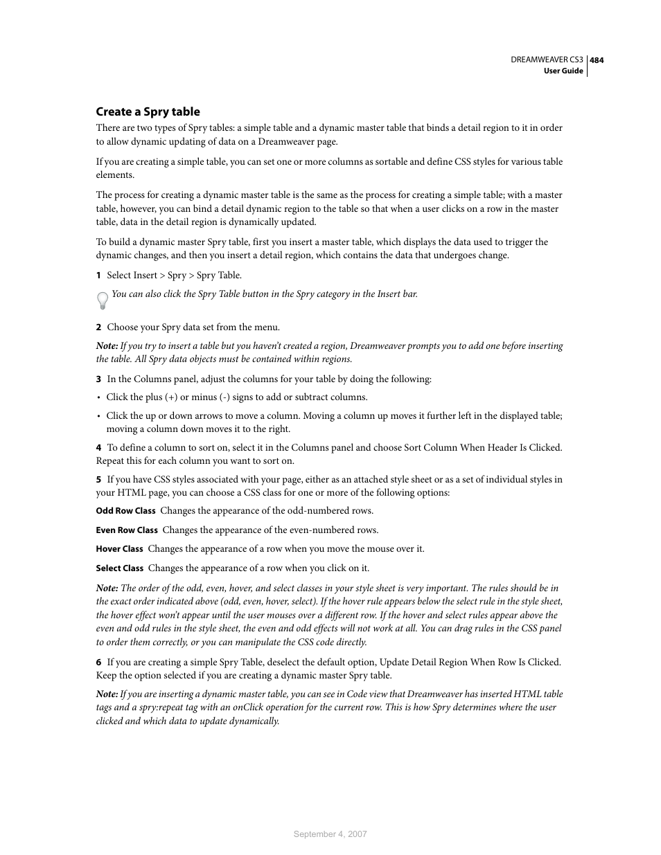 Create a spry table | Adobe Dreamweaver CS3 User Manual | Page 491 / 738