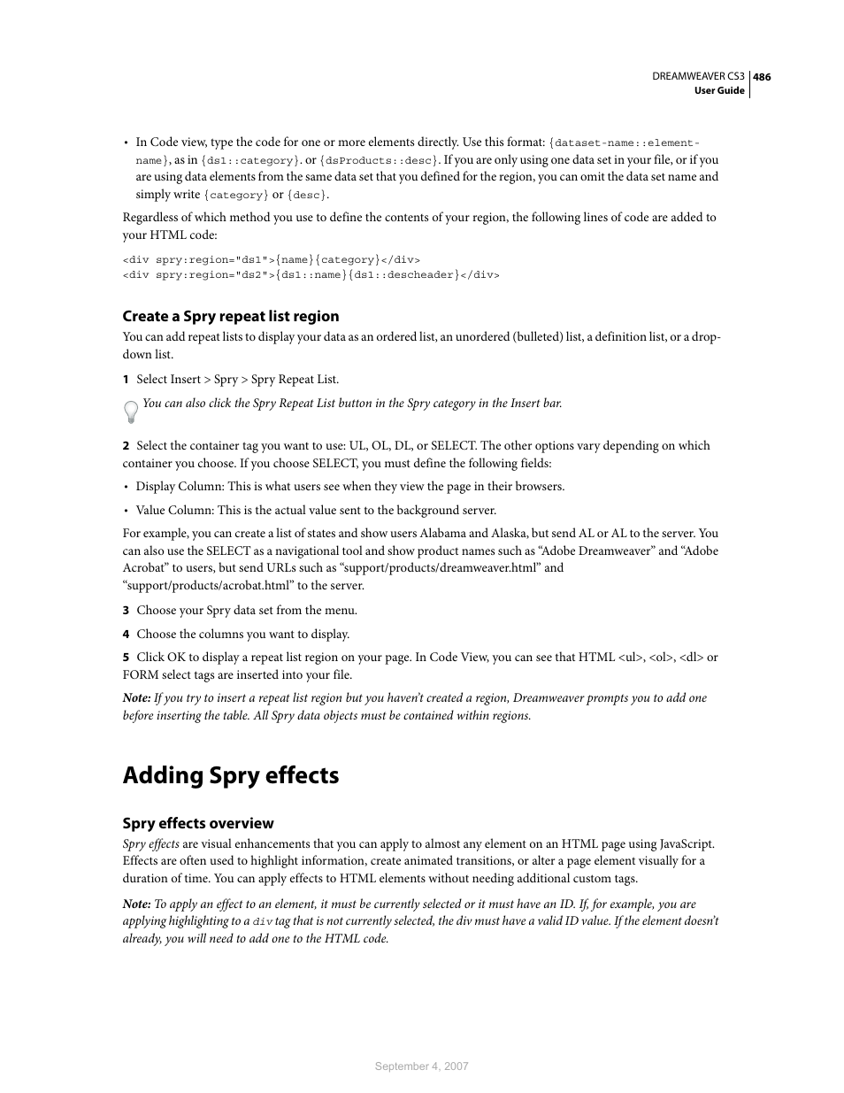 Create a spry repeat list region, Adding spry effects, Spry effects overview | Adobe Dreamweaver CS3 User Manual | Page 493 / 738