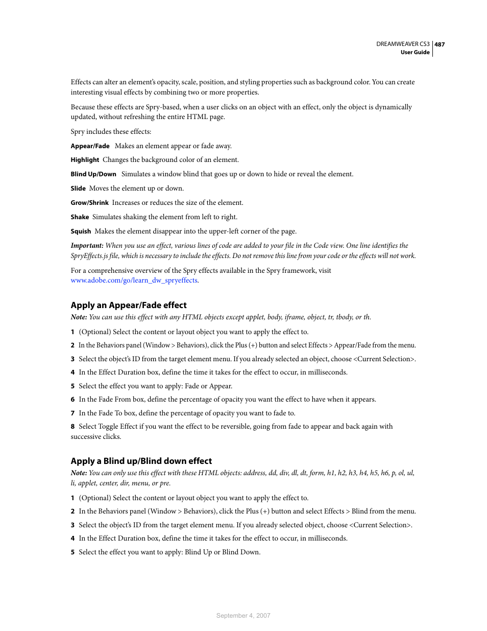 Apply an appear/fade effect, Apply a blind up/blind down effect | Adobe Dreamweaver CS3 User Manual | Page 494 / 738
