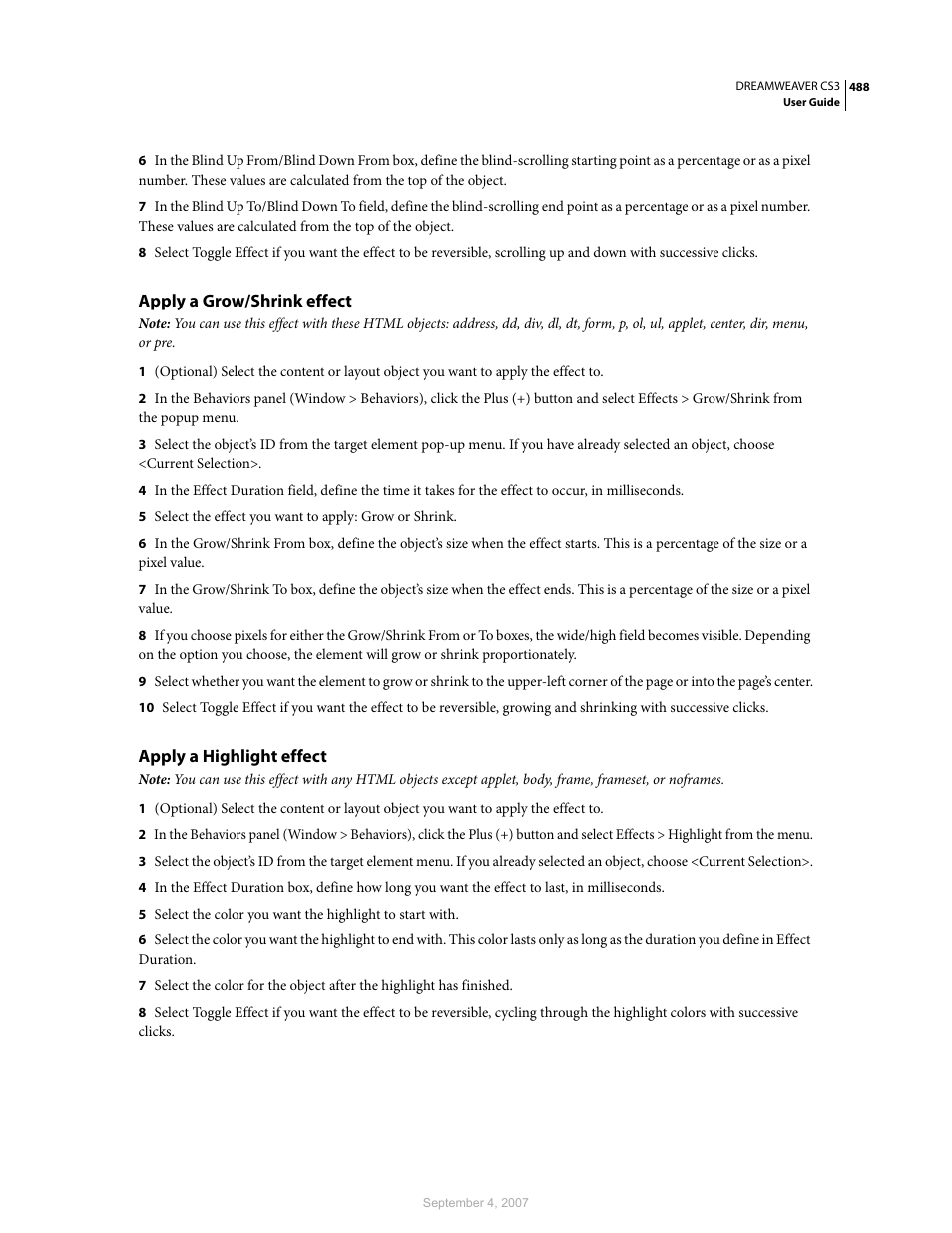 Apply a grow/shrink effect, Apply a highlight effect | Adobe Dreamweaver CS3 User Manual | Page 495 / 738