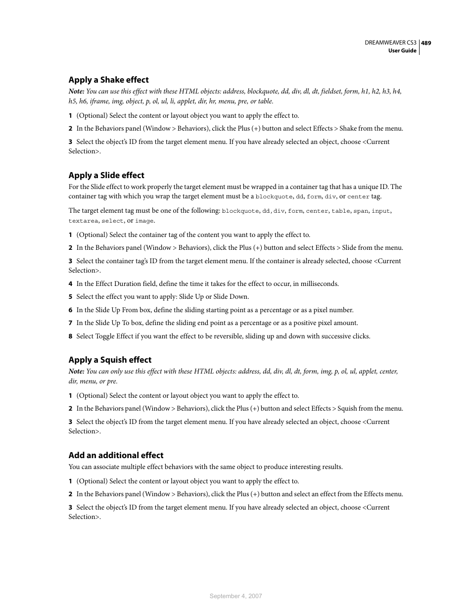 Apply a shake effect, Apply a slide effect, Apply a squish effect | Add an additional effect | Adobe Dreamweaver CS3 User Manual | Page 496 / 738