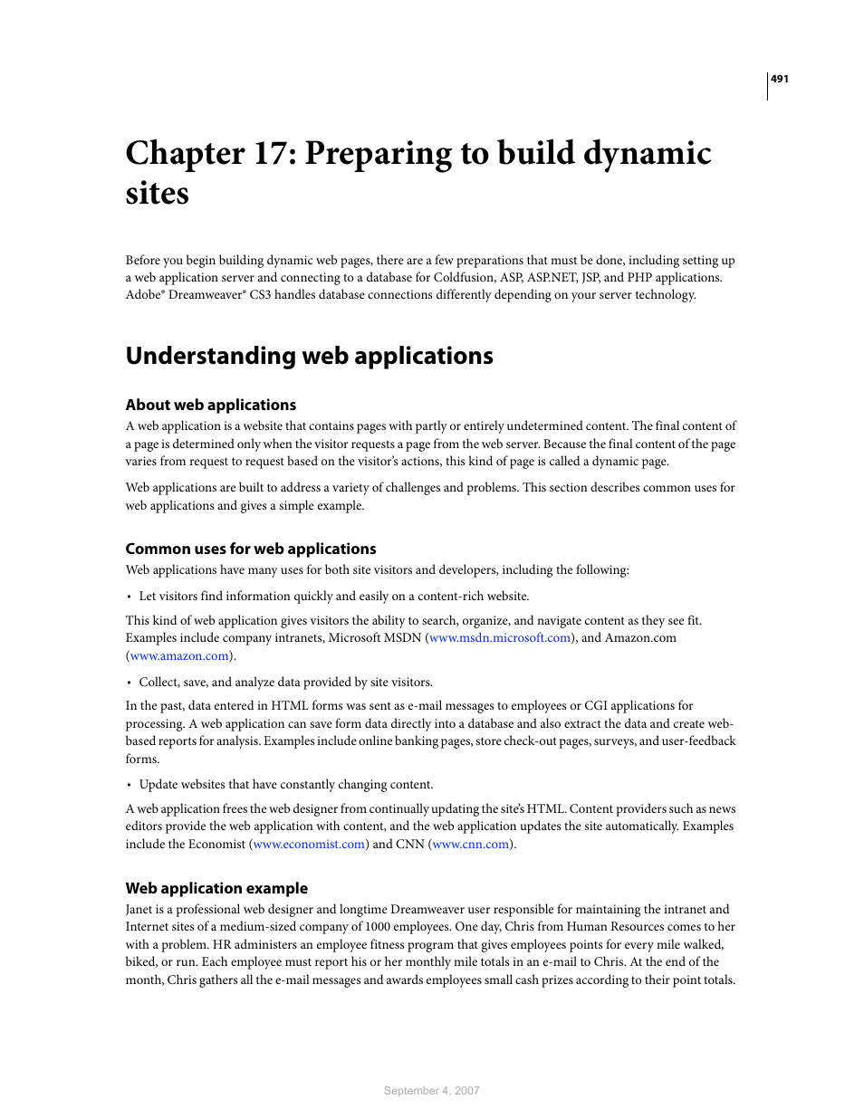 Chapter 17: preparing to build dynamic sites, Understanding web applications, About web applications | Common uses for web applications, Web application example | Adobe Dreamweaver CS3 User Manual | Page 498 / 738