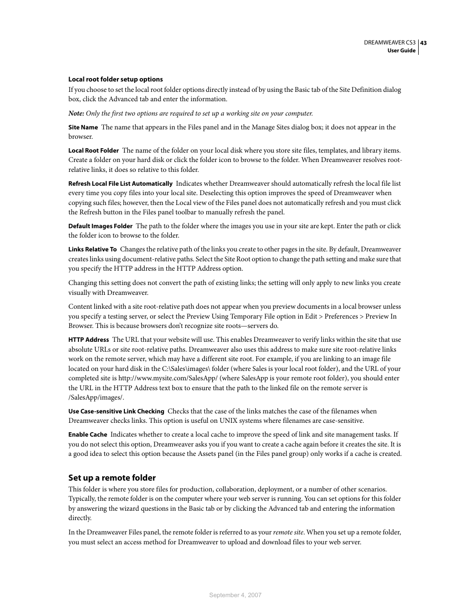 Set up a remote folder | Adobe Dreamweaver CS3 User Manual | Page 50 / 738