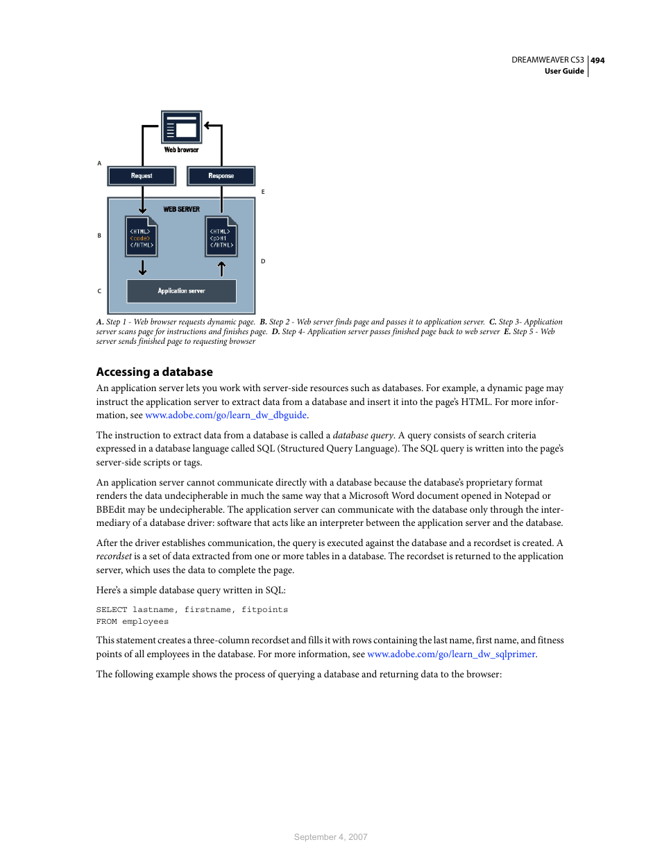 Accessing a database | Adobe Dreamweaver CS3 User Manual | Page 501 / 738